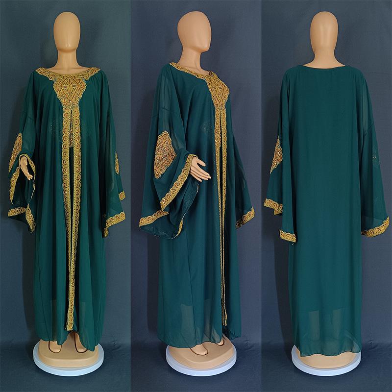Embroidered Flared Sleeve Jalabiya with Gold Lace