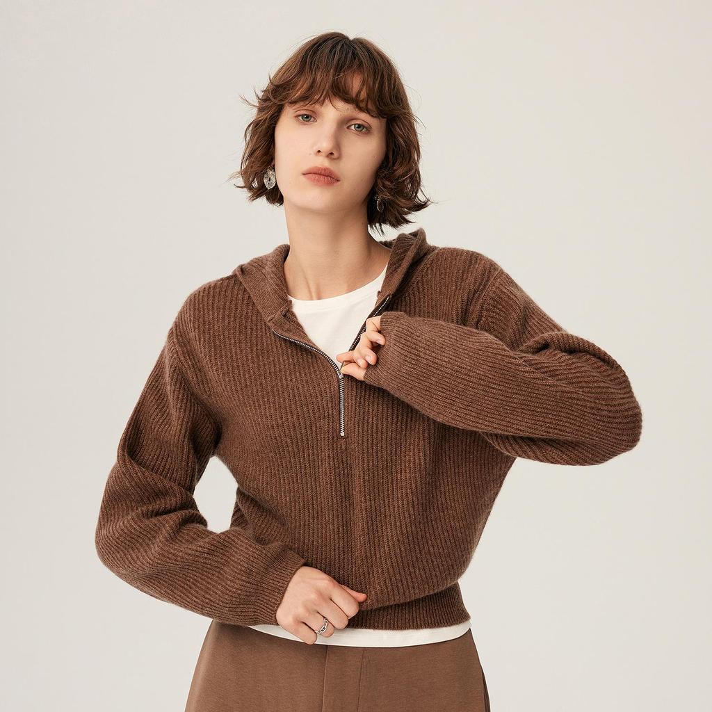 Damen Pullover mit halbem Reißverschluss aus geripptem Kaschmir - Herbst/Winter Lockere Passform mit lässigem Revers