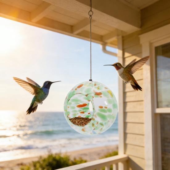 Colorful Glass Bird Feeder Fly Through Round Bird Feeder Outside Hanging Feeder to Attract Wild Birds for Garden Yard Deck Patio Decor
