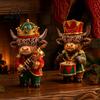 Exquisite Christmas Collectibles 2 Pcs Nutcracker Highland Cow Figurine Wooden Scottish Cattle Statue with Trumpet Playing Musical Ornaments