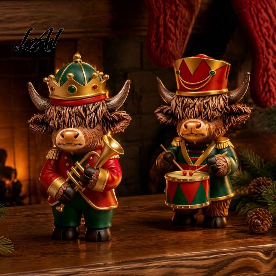 Exquisite Christmas Collectibles 2 Pcs Nutcracker Highland Cow Figurine Wooden Scottish Cattle Statue with Trumpet Playing Musical Ornaments
