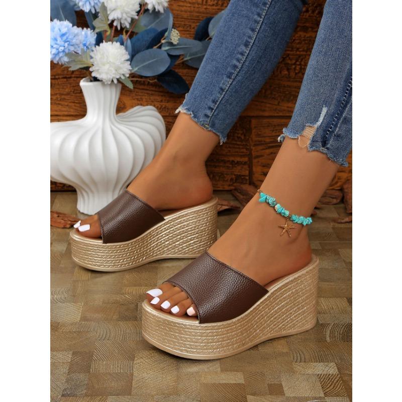 Sandalen mit Keilabsatz Hausschuhe Damen Dicke Sohle Ein Wort Schlepp Außen tragen Damen Strandschuhe