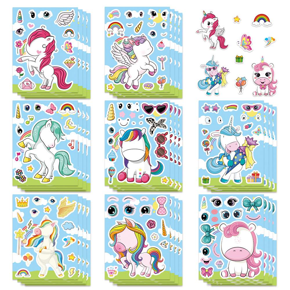 16Sheets Rainbow Unicorn Puzzle Stickers Make A Face Cartoon Decals Diy Guitar Phone Laptop Suitcase Water Cup Skateboard Decals