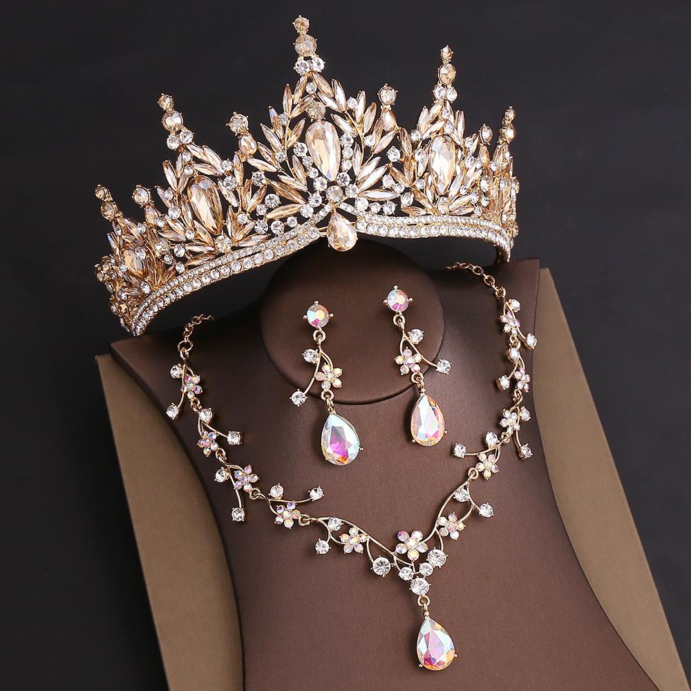 DIEZI Baroque Bridal Wedding Party Crown Princess Queen Water Drop Opal Crystal Tiaras Necklace Earrings New Jewelry Sets