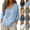 Women's Fashionable Loose-Fit -Color Cotton-Linen V-Neck Casual Blouse