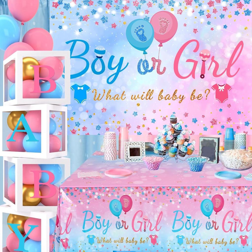 Baby Gender Reveal Party Decorations - Pink Blue Balloon Arch Garland Kits With 4pcs Baby Boxes, Gender Reveal Backdrop and Tablecloths for Baby