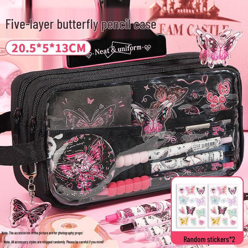 5-Layer Butterfly Pencil Case for Primary Students - Large Capacity, Cute Stationery Set with Transparent Design