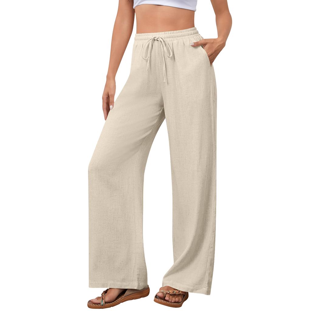 Women's Casual Fashion Cotton-Linen Blend Wide-Leg Pants With Side Pockets
