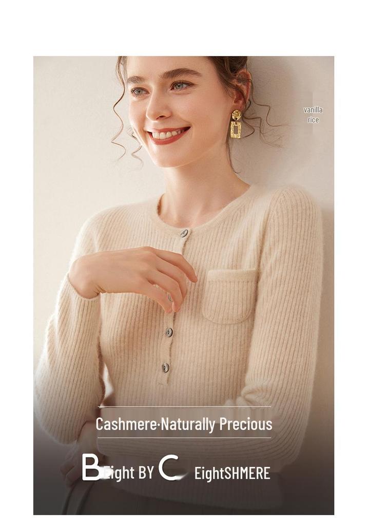 Women's Cashmere Ribbed Pullover Sweater – Round Neck with Buttons and Pockets, Autumn/Winter Collection