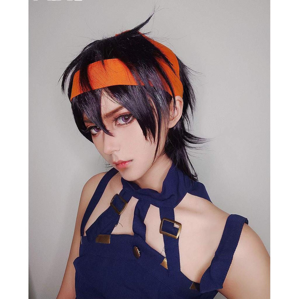 Short purple cosplay wig with net, featuring Narancia Ghirga from Golden Wind, heat-resistant.