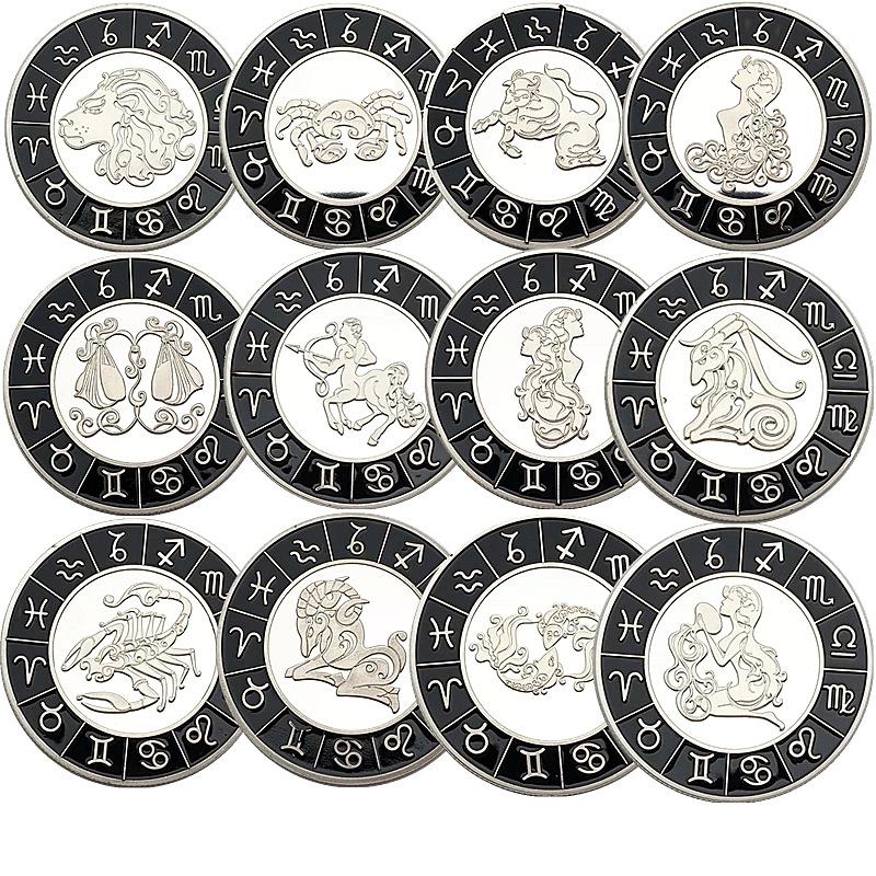 European and American Zodiac Signs, Diamond Encrusted Coins, Silver Plated, Pisces Commemorative Coins, Collectibles, Tarot Love Coins, Coins