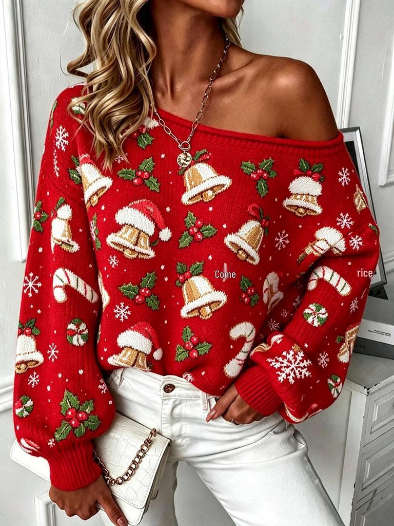 Cozy One-Shoulder Long Sleeve Knit Sweater for Women - Warm Christmas Autumn/Winter Style 2026