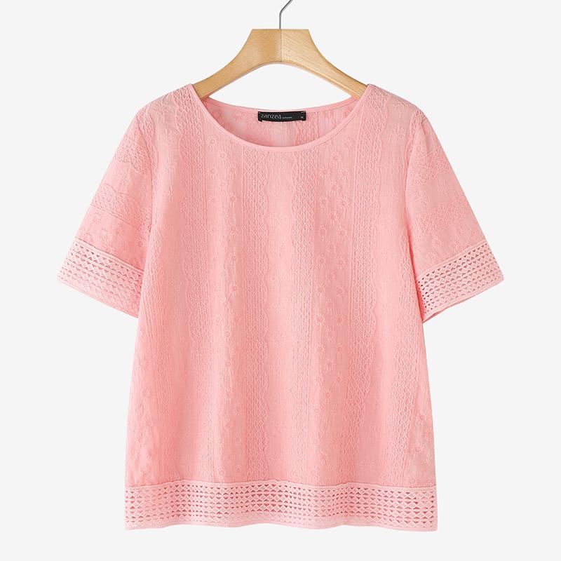 

ZANZEA Женская повседневная блузка с круглым вырезом, короткими рукавами и кружевной отделкой S розовый