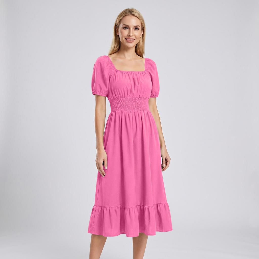 Women Casual Square Neck Short Sleeve Dress Waist Smocked A Line Midi Dress with Ruffle Hem for Everyday Wear