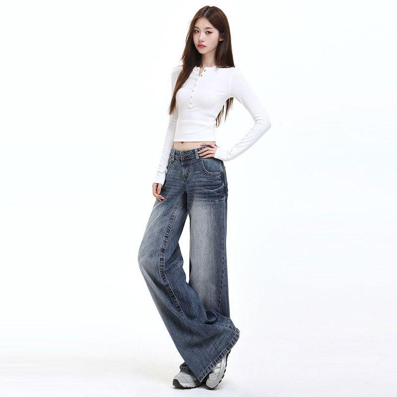 

Plus-Size Women s Low-Waist Wide-Leg Jeans - Retro Autumn Style for Pear-Shaped Figures M синий