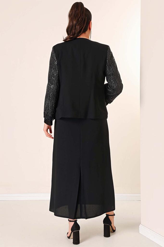 2-teiliges Set aus Chiffon-Jackenkleid mit Pailletten und Perlendetail an den Ärmeln, gefüttert, Übergröße