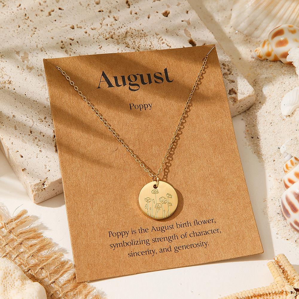 December Floral Pendant Necklace Exquisite Engraved Golden Circular Coins In Minimalist Layered Chain Jewelry Gift for Women