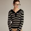 Women's Retro Color Block Ribbed Hooded Knit Sweater