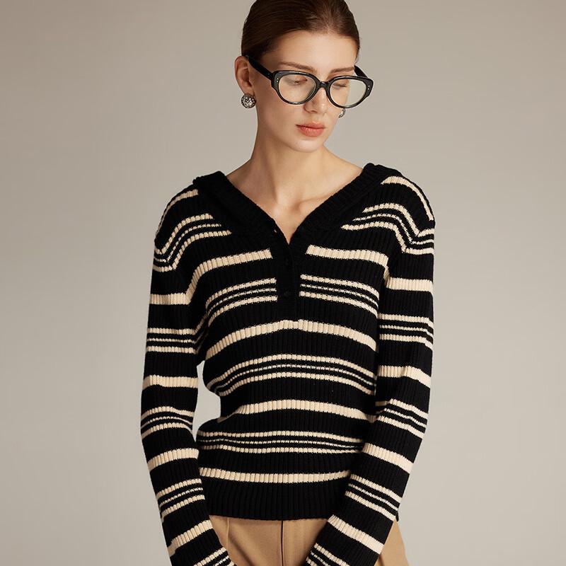Women's Retro Color Block Ribbed Hooded Knit Sweater
