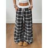 Pantaloni Casual Lunghi a Quadri con Vita Elastica e Gamba Larga, Stile Vintage Rilassato, per Donna