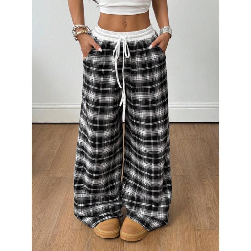 Pantaloni Casual Lunghi a Quadri con Vita Elastica e Gamba Larga, Stile Vintage Rilassato, per Donna