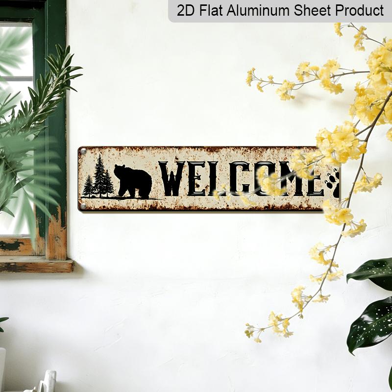 2D Flat, 1pc, 3.94 X 15.74 Inches Aluminum Decorative Sign -Rustic Bear Silhouette Metal Wall Decor - Vintage Cabin Sign with Welcome Bear & Paw