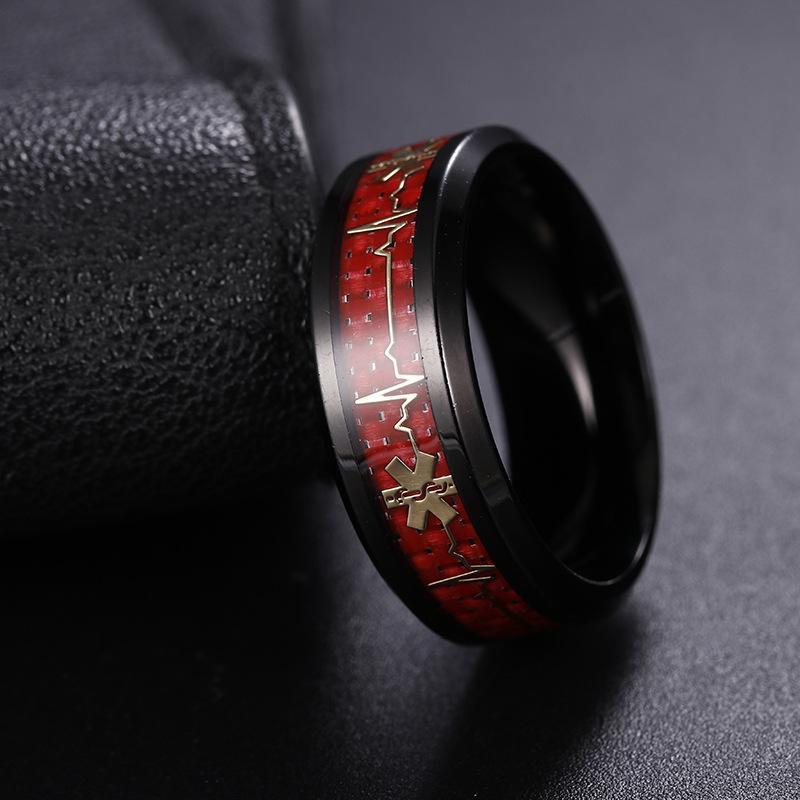 Red Carbon Fiber Medical Logo Titanium Steel Ring New Heart of Life Jewelry Men's Hand Jewelry