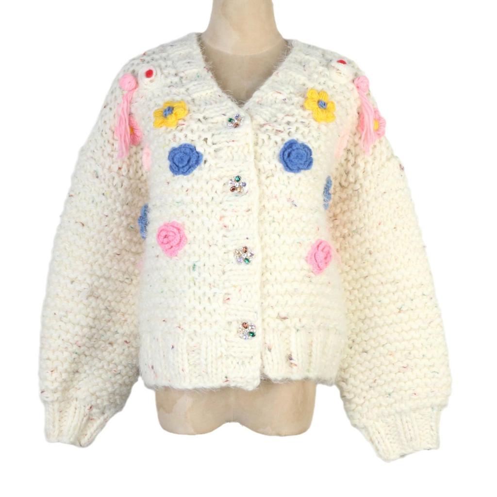 Mori Style V-Neck Hand-Embroidered Floral Color Block Knit Cardigan for Autumn/Winter.