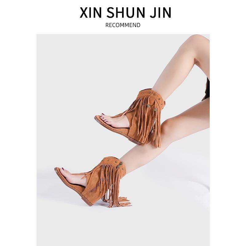Rivet pinch foot fringed sandals women's new summer open-toe side zipper inner height increase western cool boots