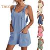 Macacão Feminino Sem Mangas Verão Casual Macacão Curto Solto de Algodão com Bolsos Roupas de Praia para Viagem Férias