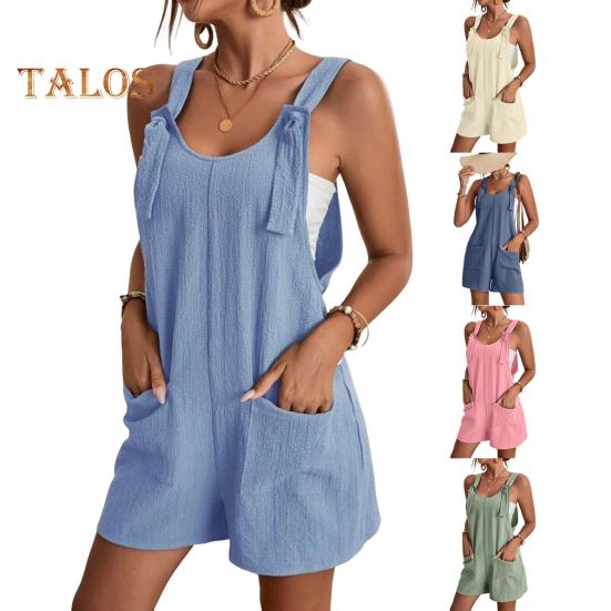 Macacão Feminino Sem Mangas Verão Casual Macacão Curto Solto de Algodão com Bolsos Roupas de Praia para Viagem Férias