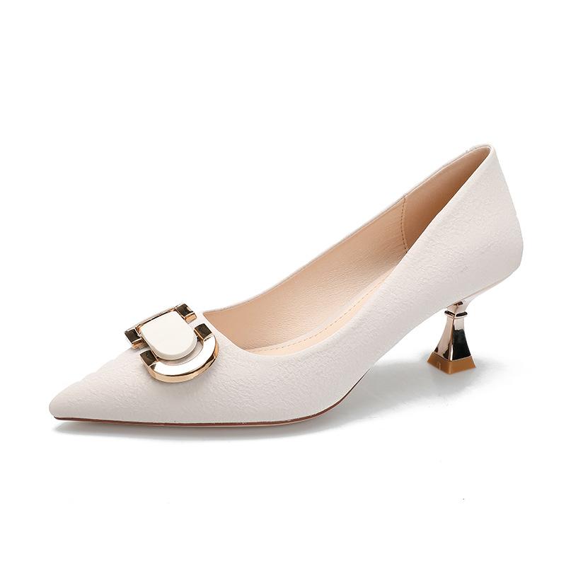 French soft leather temperament high heels Korean version metal buckle shallow mouth single shoes women's professional OL pointed thin heel women's