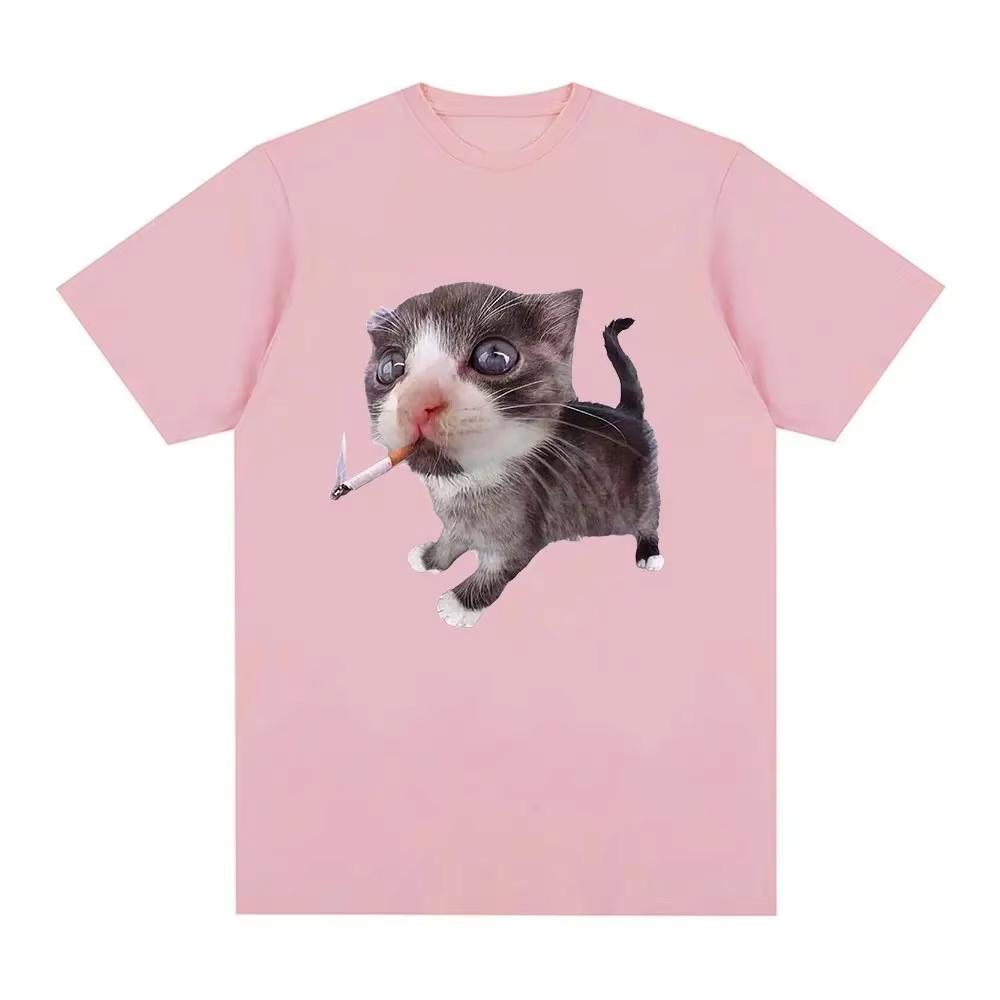 Funny Smoking Cat Meme Cigarette Kitten Graphic T-Shirt Women Clothing Fashion Vintage T-shirts Casual T Shirts