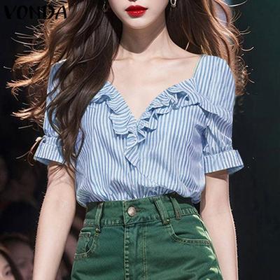 Women Summer Ruffled V Neck Short Sleeve Striped Casual T-shirts Tops