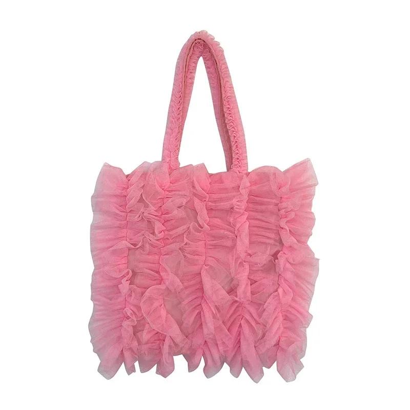 

Solid Color Mesh Pleated Handbags Women s Crossbody Bags Lightweight Chiffon Lace Tote for Women Shopping Travel Underarm Bag S