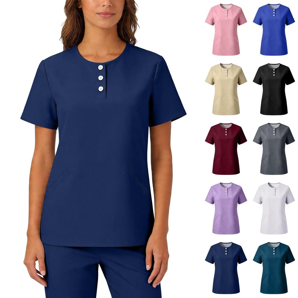 Womens Stretchy Quick Dry V Neck Short Sleeve Top with Pockets Button Front Uniform Blouse for Healthcare Hospitality Service