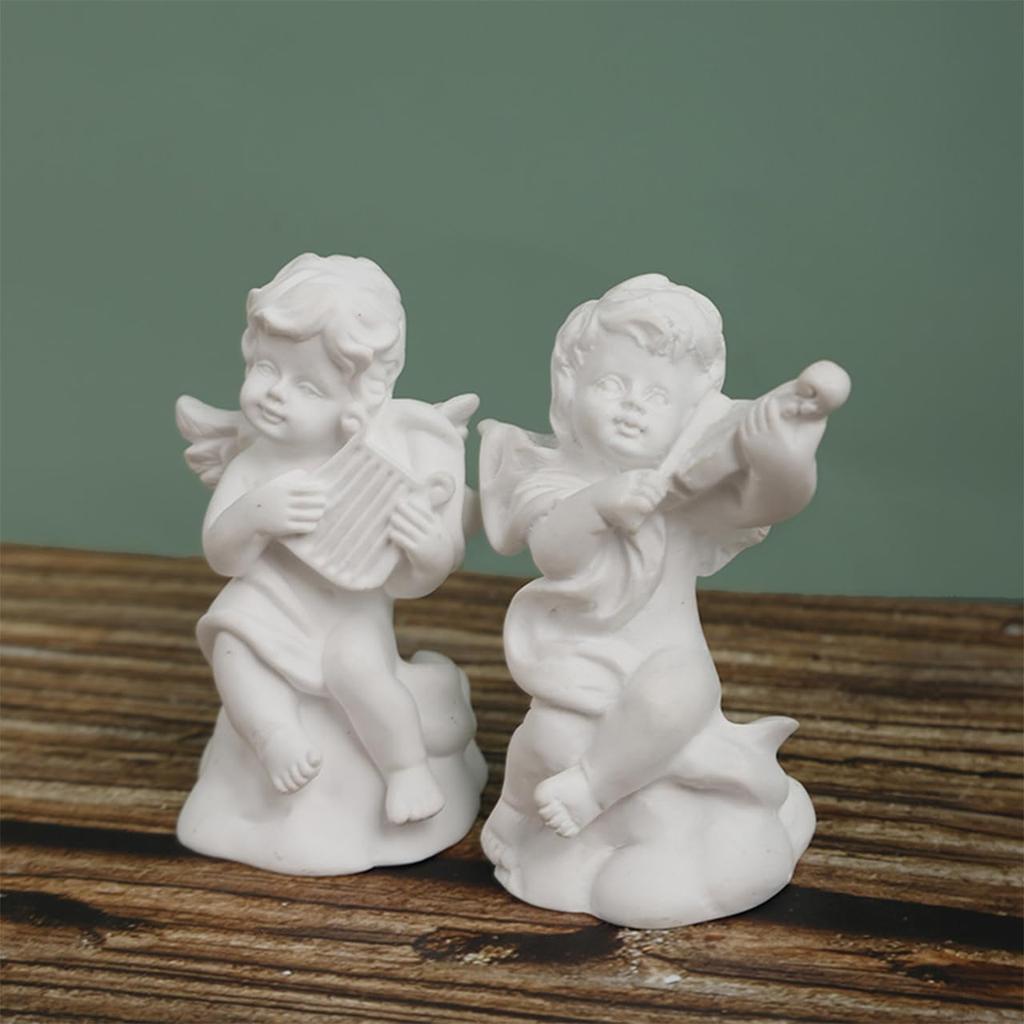 [Queen-b] Set of 4 Angel Figurines, Angel Objects, Interior Ornaments, Mini Decor, Cute, White Resin, Stylish Accessories