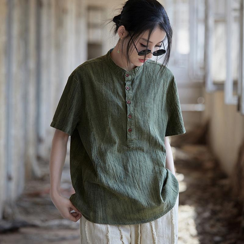 

Johnature женские винтажные футболки с короткими рукавами и пуговицами, свободные футболки в китайском стиле с короткими рукавами One Size зелёный