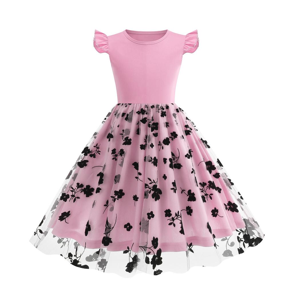 Sommer Kinder Taille Spleißen Mesh Kurzarm Rundhals Vintage Mädchen Langen Rock Swing Kleid