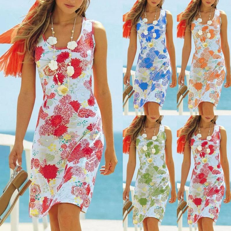 Floral Print U-neck Sleeveless Beach Vacation Mid Length Dress for Women Casual Dresses