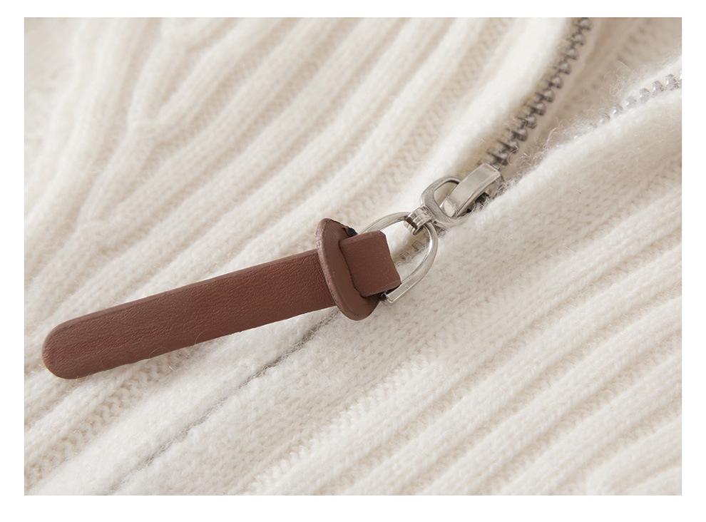 Women's Half-Zip Lapel Cable Knit Cashmere Sweater - Autumn/Winter 2026, Thick & Loose Fit.