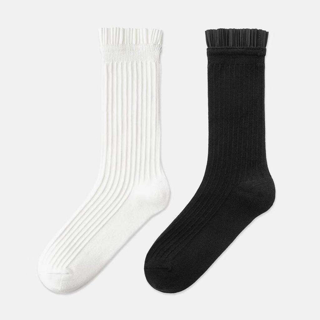Miu Series Mary Jane Ballet Style Mid-Calf Double Needle Lace Socks for Women - Black & White, Versatile for Autumn & Spring.