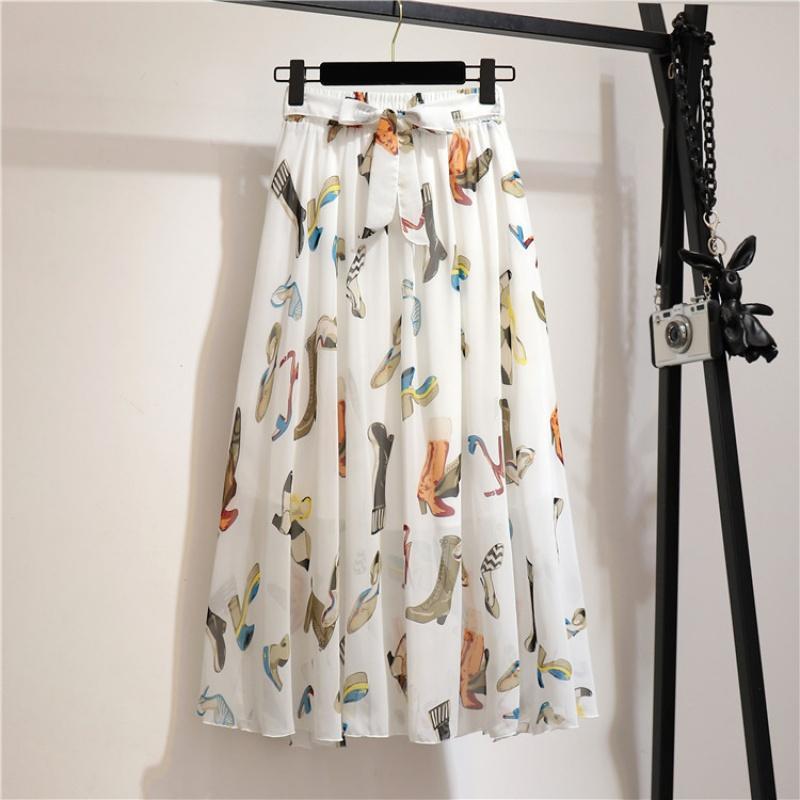 Spring and Summer New Bohemian Chiffon Skirt Mid-Length High Waist Fairy Floral Large Swing Skirt Beach Skirt