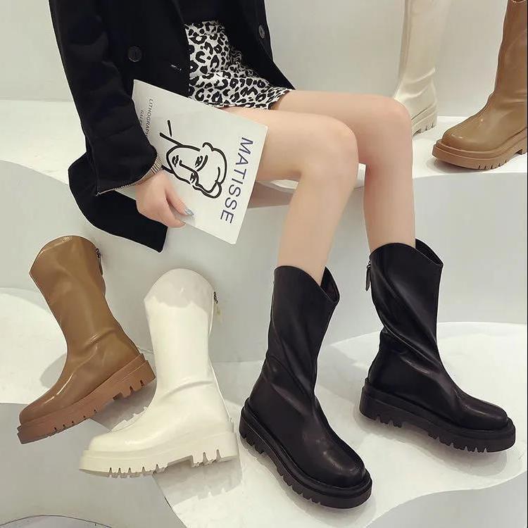 Damen Stiefeletten mit runder Spitze, Herbst und Winter 2025, neue flache, dicksohlige britische Martin-Stiefel, Reißverschluss hinten, bequeme dünne Stiefel