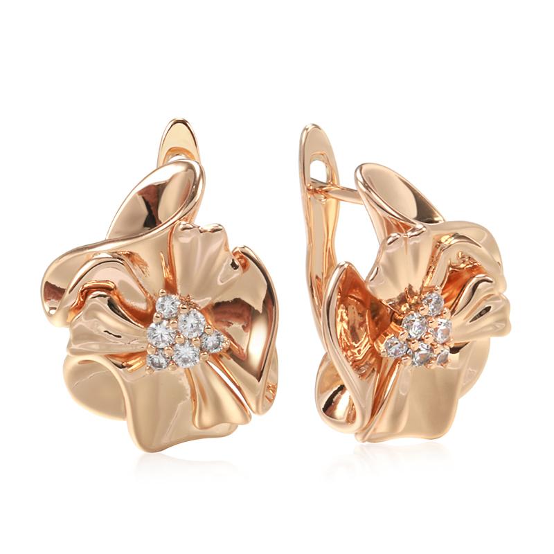 

Rose Gold Color Vintage Glossy Flower Dangle Earrings For Women Natural Zircon Accessories Daily Fine Jewelry