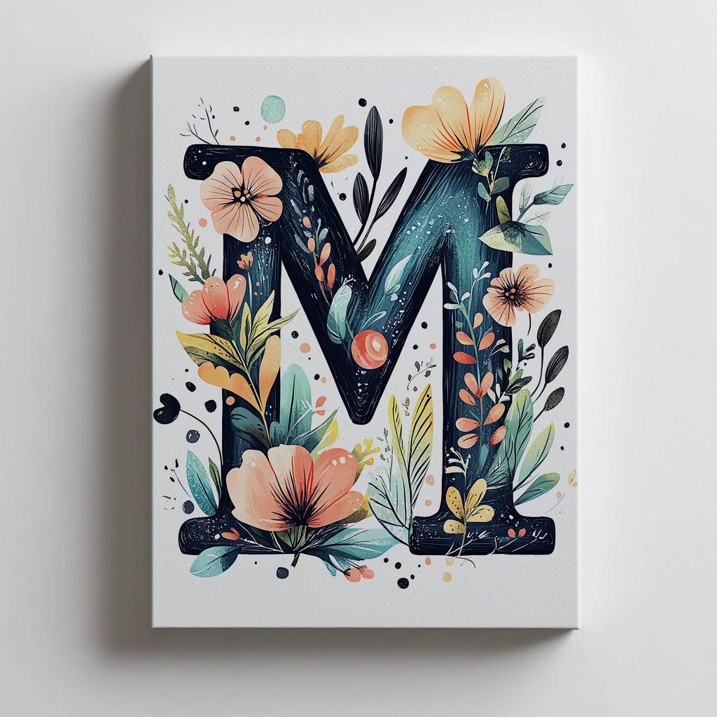 Plakat Z Literą M W Kwiaty I Liście Plakat Z Literą M W Kwiaty I Liście, 30X40 Cm, Bez Ramy, Płótno Premium Na Blejtramie
