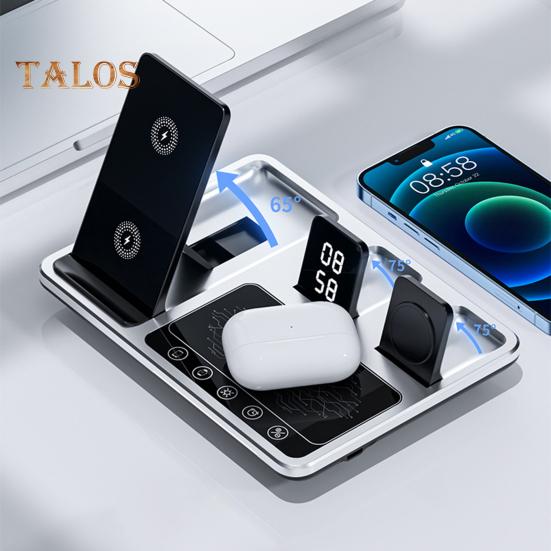 4 in 1 Wireless Charger Stand with Alarm Clock & Night Light Foldable Fast Charging Dock One-Key Lifting Smartwatch Charging Stand for IPhone