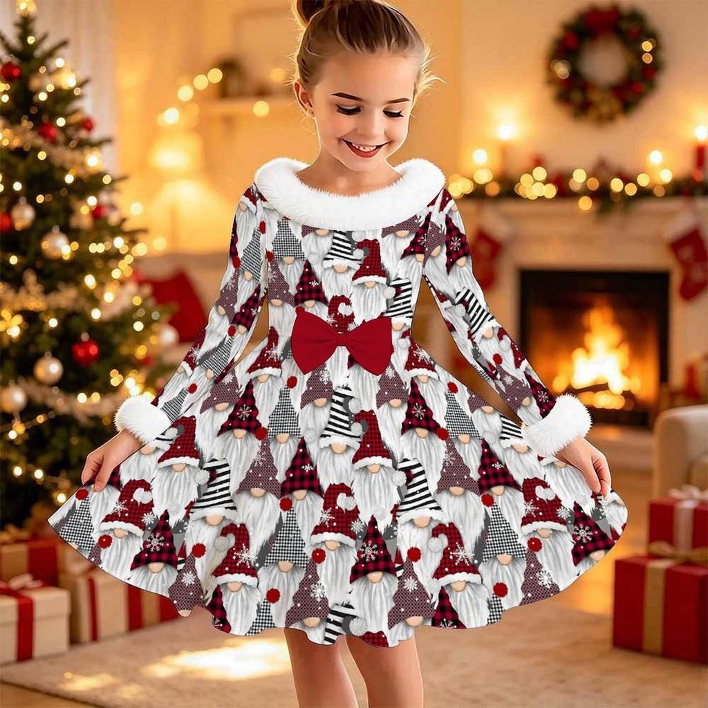 Kids Long Sleeve Christmas Dress, Snowman Print Faux Fur Collar Bow Decor Princess Dresses for Girl Holiday Party Wear