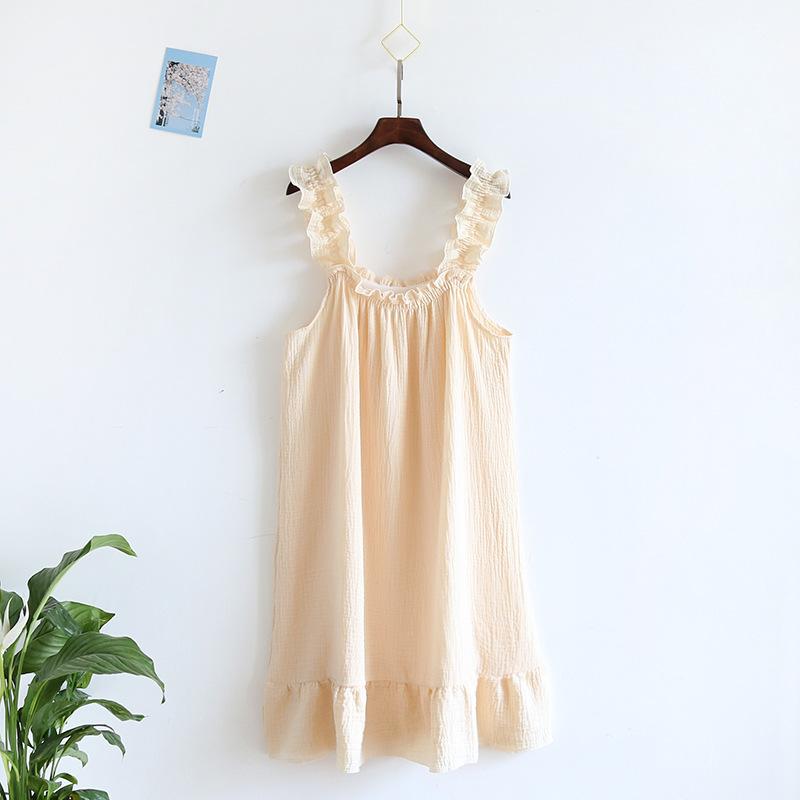 Summer New Style Nightdress Ladies 100% Cotton Crepe Thin Vest Suspender Skirt Loose Long Skirt Sweet and Cute Home Skirt