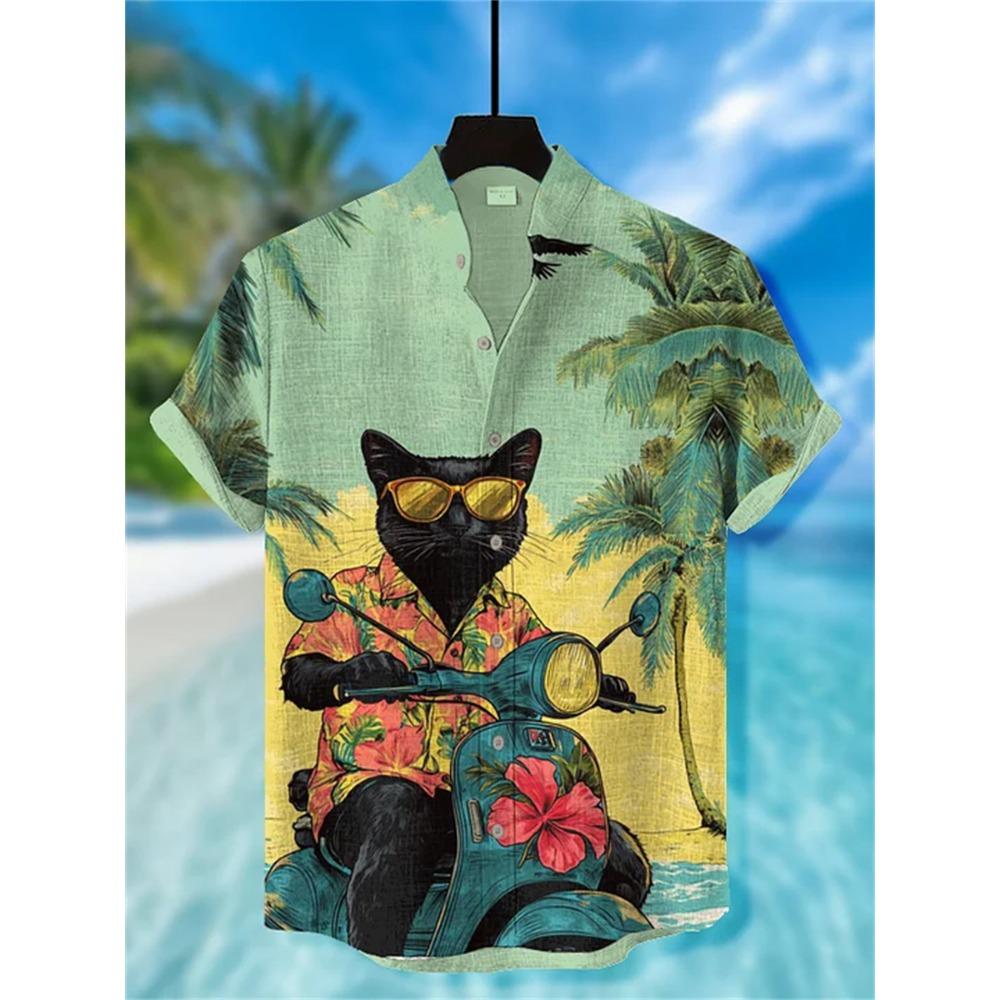 Men's Street Style Short-sleeved Shirt, Quirky Black Cat and Shark Print Casual Men's Top, Trendy and Fashionable Hawaiian Shirt